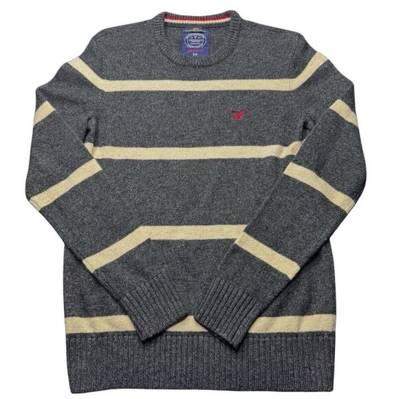 American Eagle Sweater Small Gray Wool Blend Striped Men Athletic Fit - Picture 1 of 8